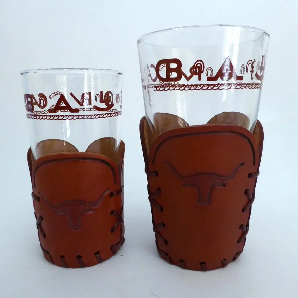 1950’s VINTAGE WESTERN THEMED COWBOY LONGHORN BRAND GLASS SET & WOOD COASTERS - Picture 3 of 16
